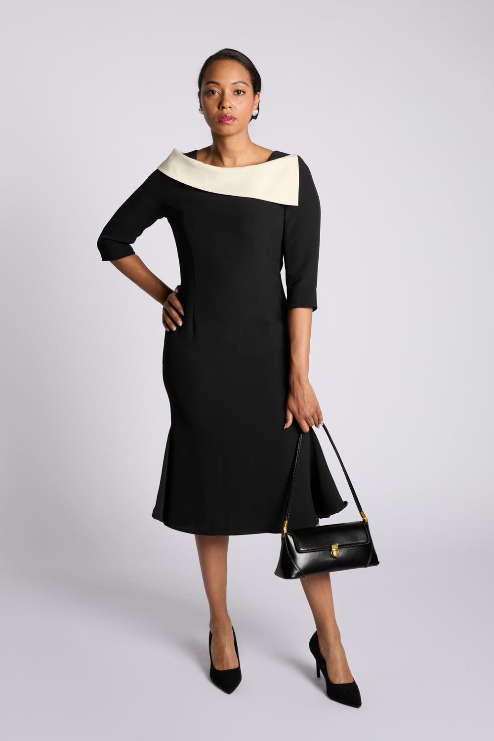 Meliora Epaule  Black and Cream White Dress - elegant women’s luxury fashion