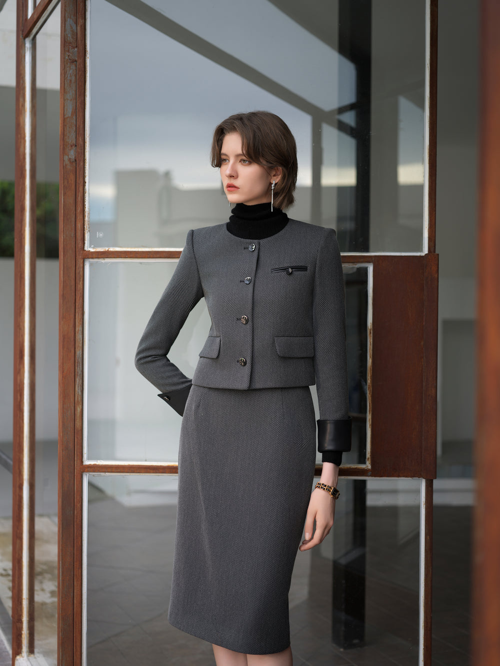 Meliora Steel Charcoal Tweed Skirt Suit - elegant women’s luxury fashion