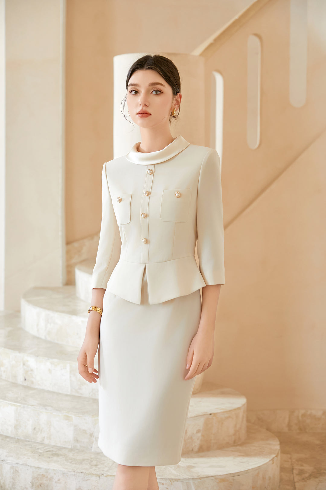 Meliora Savoir-Faire Cream Peplum Dress - elegant women’s luxury fashion
