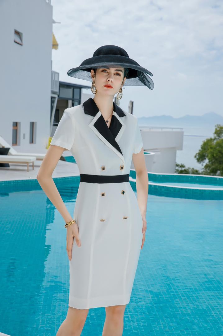 Meliora White and Black Short Sleeve Dress - Elegant women's clothing