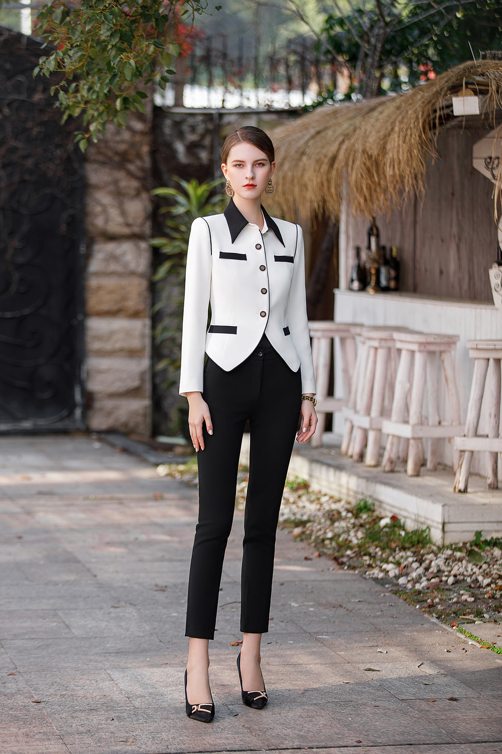 Meliora White & Black Arabesque Trouser Suit - elegant women’s luxury fashion