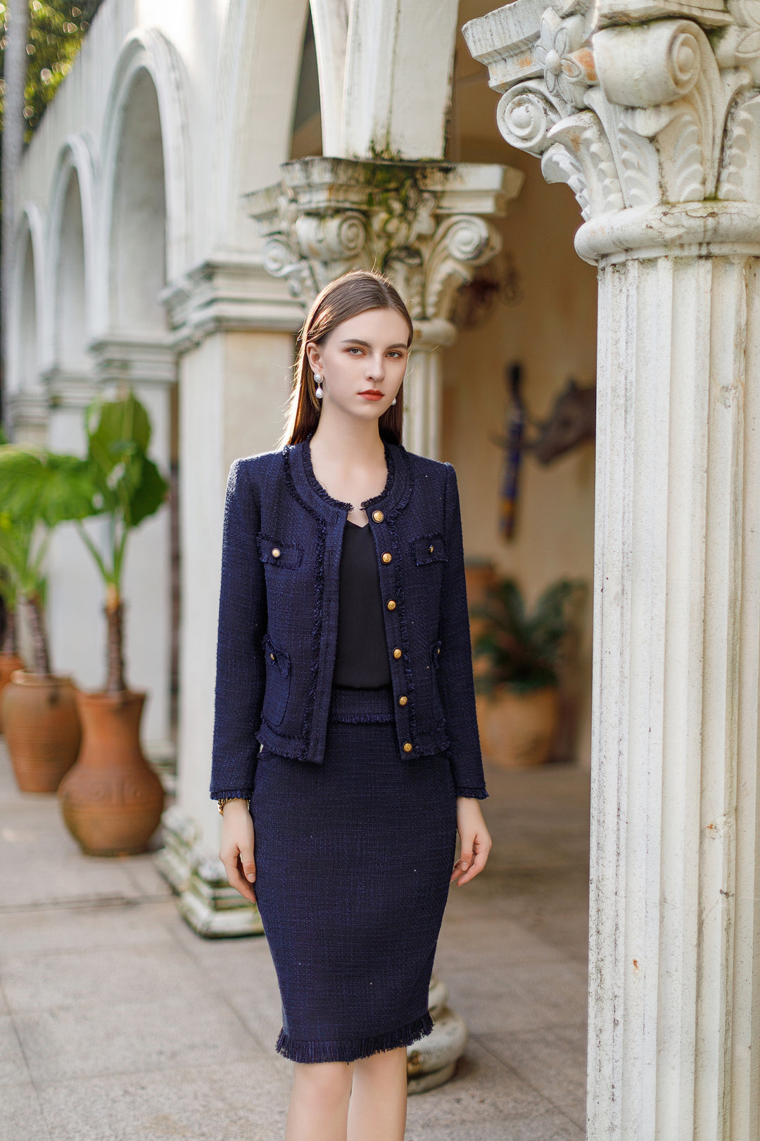 Meliora Tweed Sapphire Navy Skirt Suit - elegant women’s luxury fashion