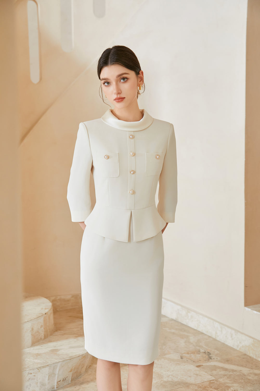 Meliora Savoir-Faire Cream Peplum Dress - elegant women’s luxury fashion