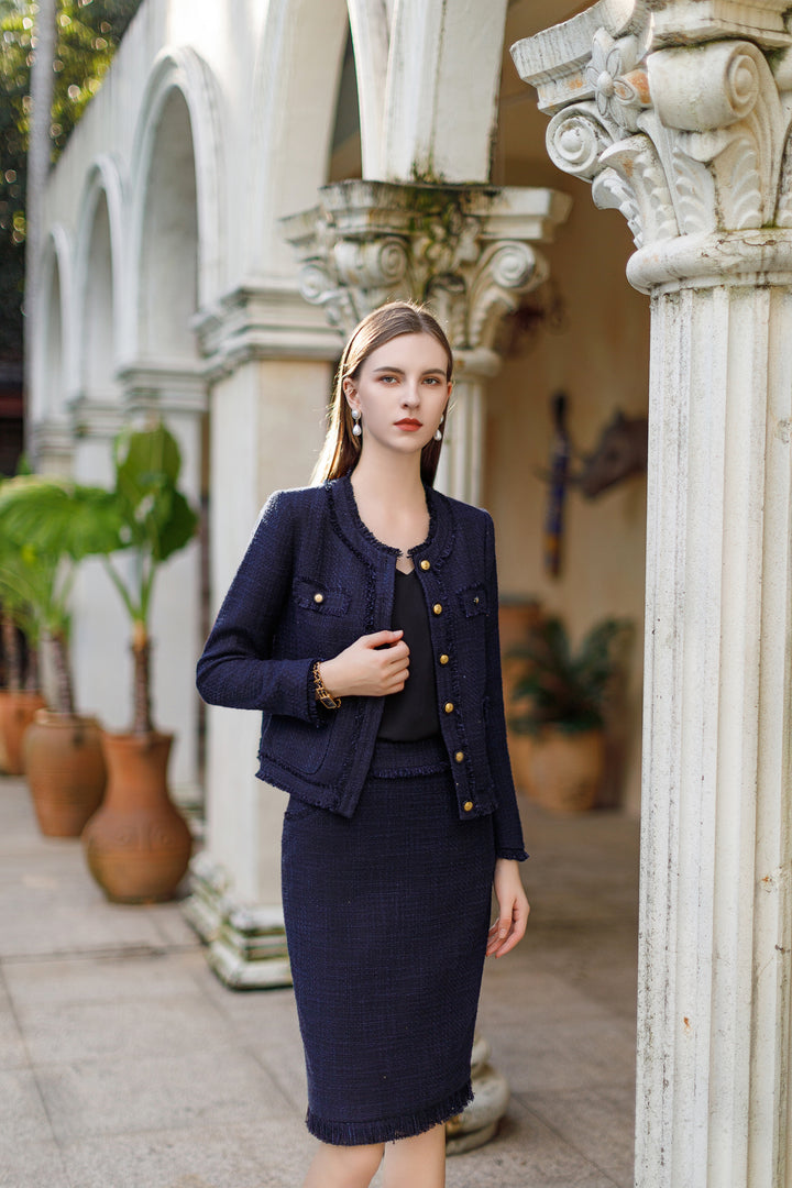Meliora Tweed Sapphire Navy Skirt Suit - elegant women’s luxury fashion