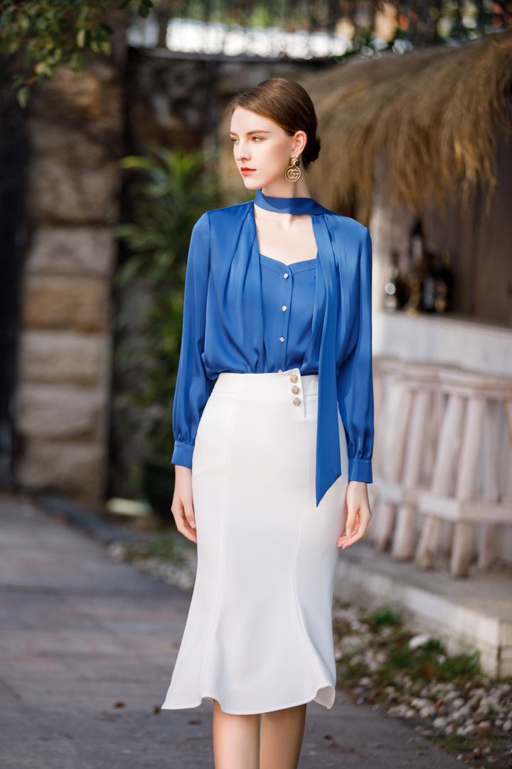 Meliora Long Sleeve Royal Blue Blouse - elegant women’s luxury fashion