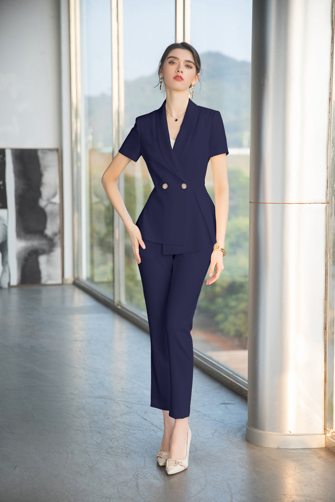 Meliora Ethereal Melody Navy Trouser Suit - Elegant women's fashion wear ,London UK.