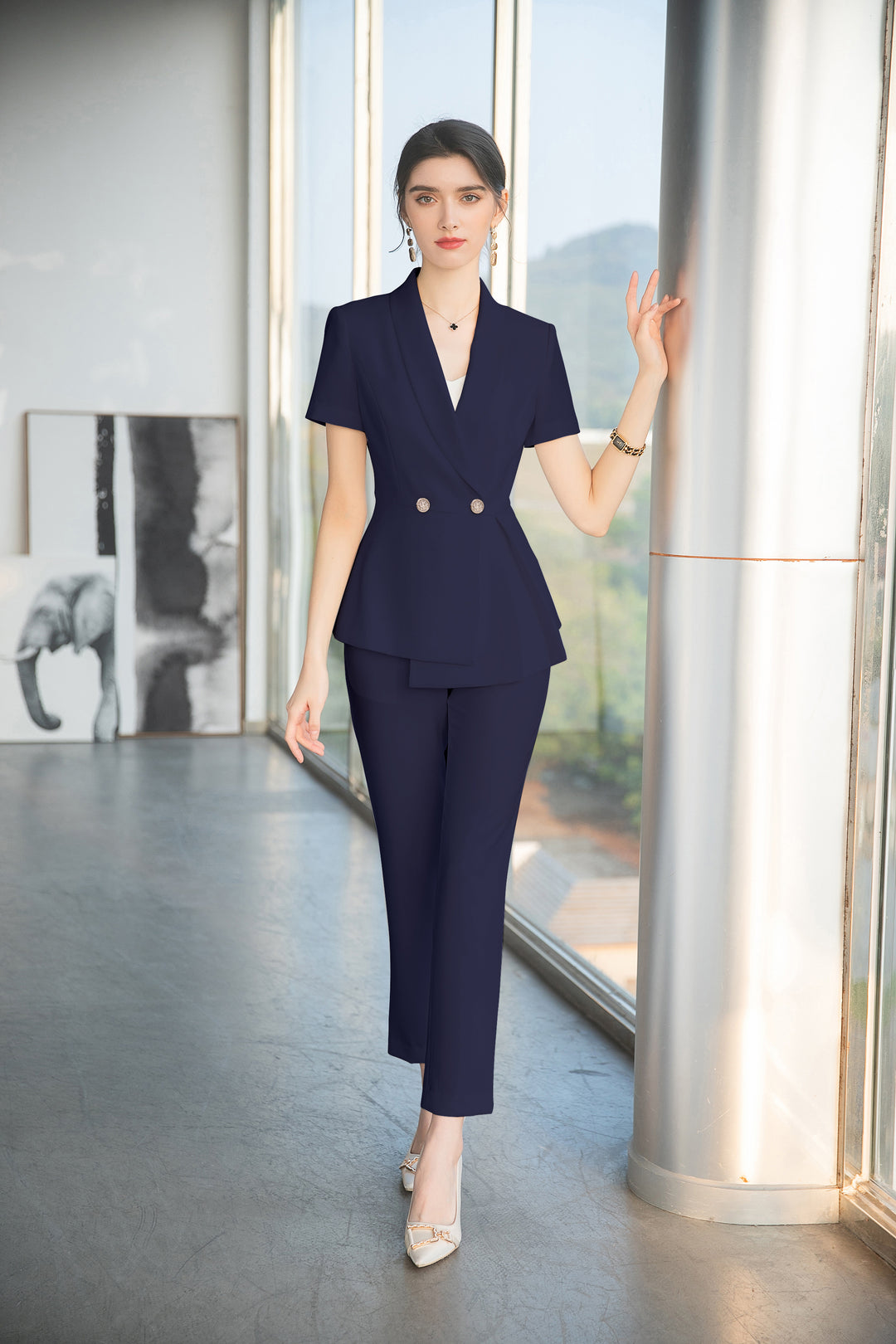 Meliora Ethereal Melody Navy Trouser Suit - Elegant women's fashion wear ,London UK.
