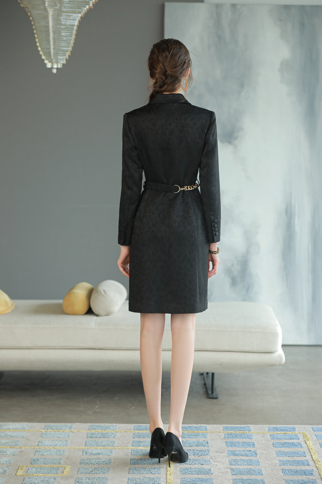 Meliora Black Print Triple Breasted Dress Suit - Elegant Black blazer dress with golden chain for women