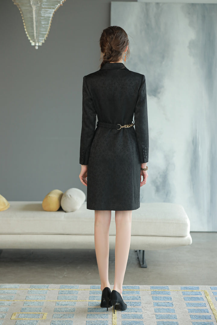Meliora Black Print Triple Breasted Dress Suit - Elegant Black blazer dress with golden chain for women