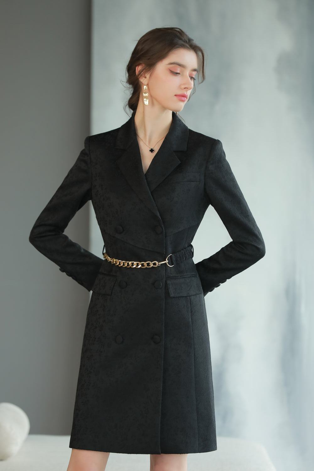 Meliora Black Print Triple Breasted Dress Suit - Elegant Black blazer dress with golden chain for women