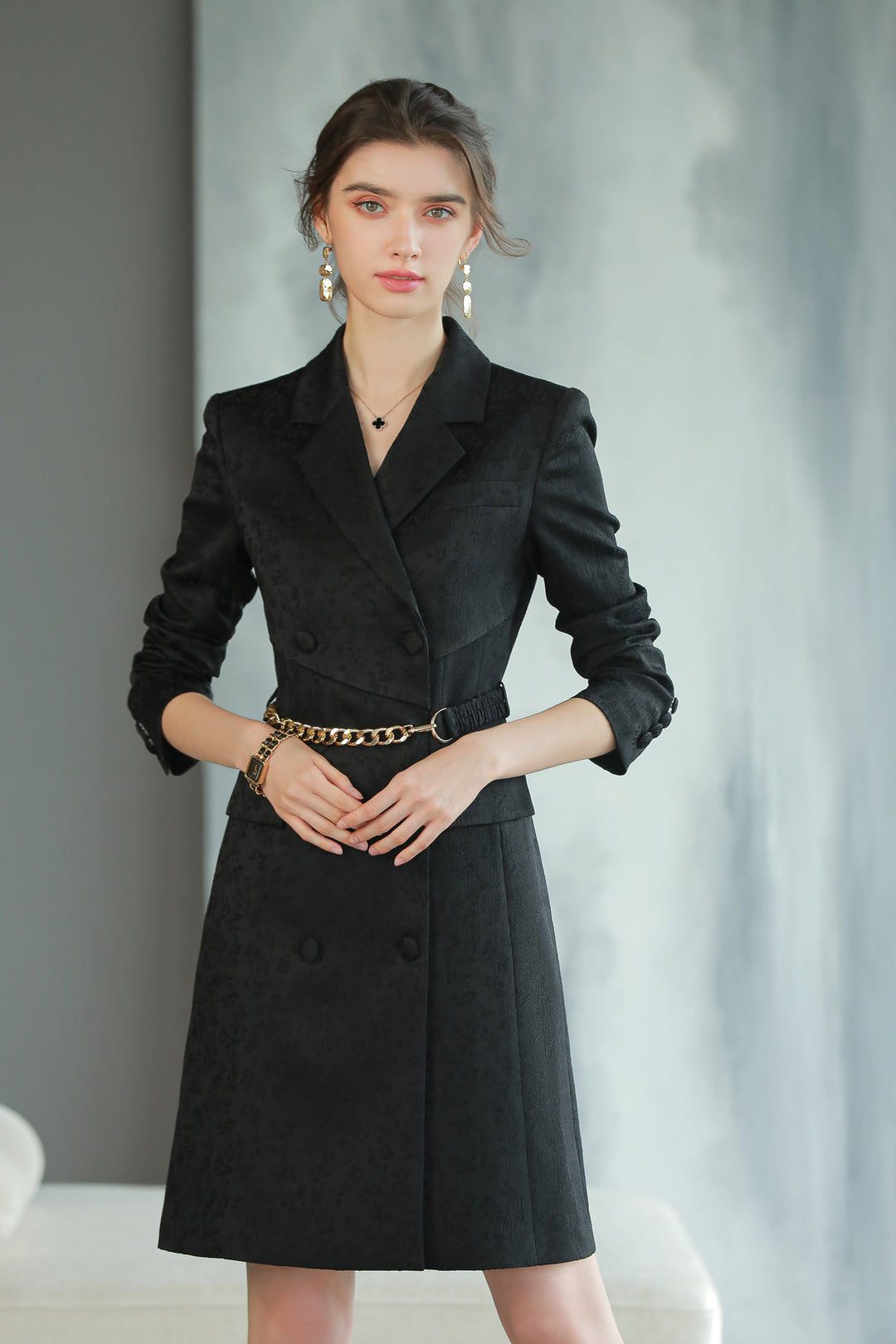 Meliora Black Print Triple Breasted Dress Suit - Elegant Black blazer dress with golden chain for women