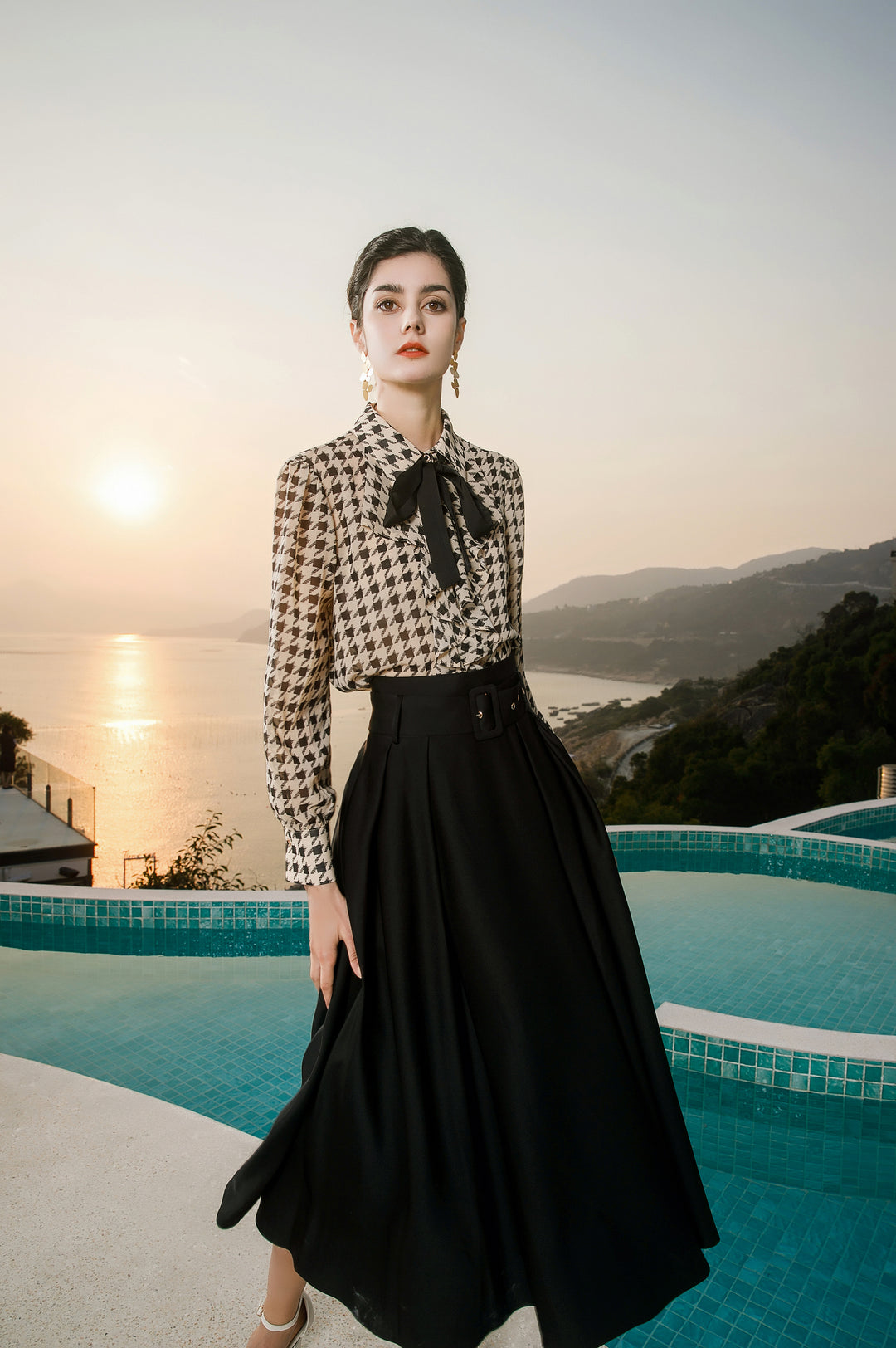Meliora Houndstooth Bow Blouse - Elegant womens clothing