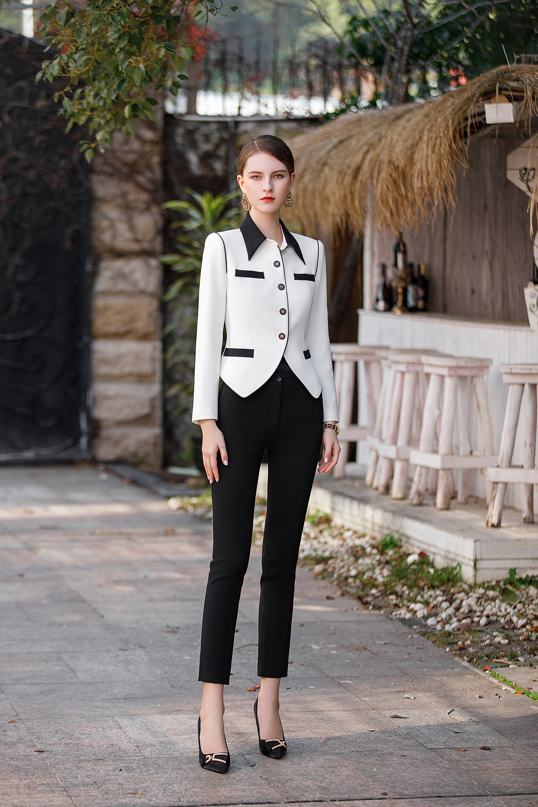 Meliora White & Black Arabesque Trouser Suit