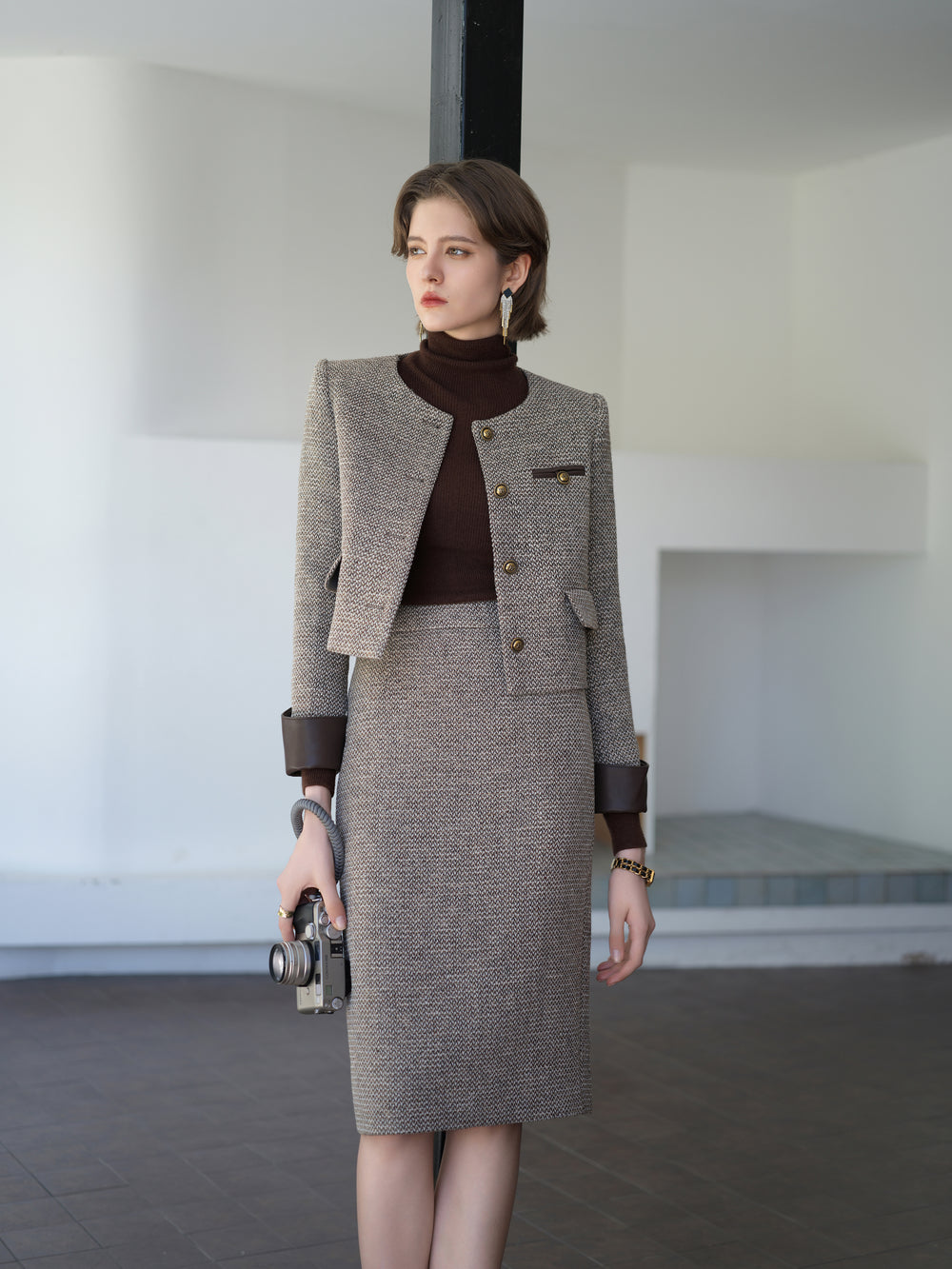 Meliora Sepia Noise Tweed Skirt Suit - elegant women’s luxury fashion