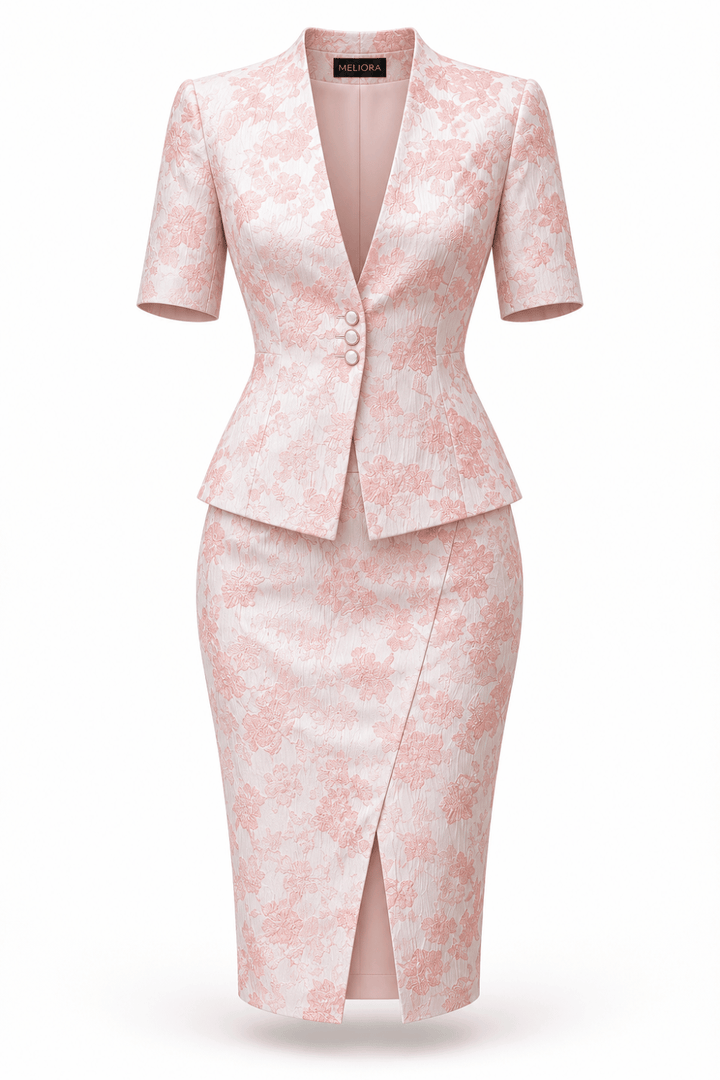 Meliora Pink Floral Print Jacquard Skirt Suit
