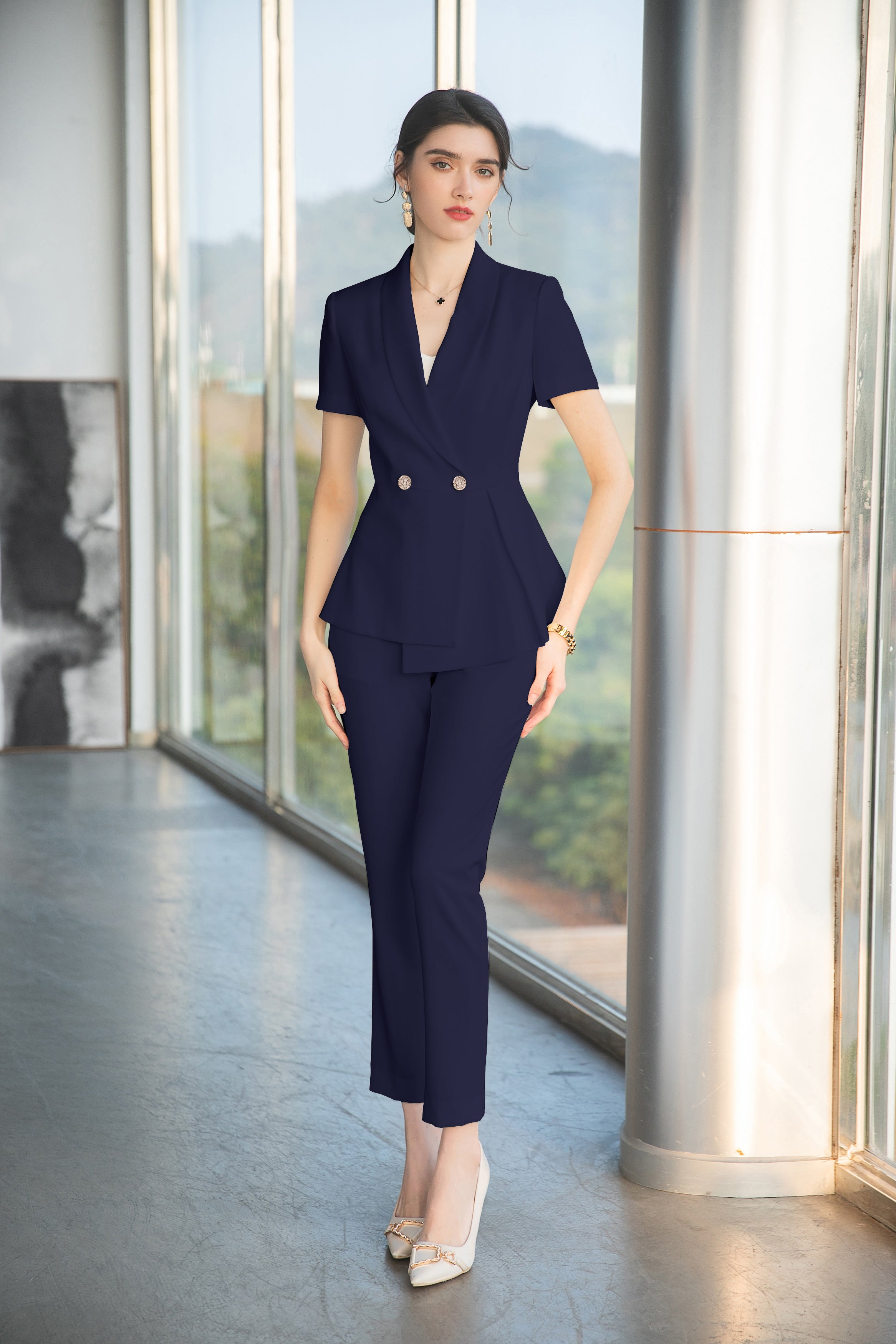 Ladies navy trouser suit hotsell