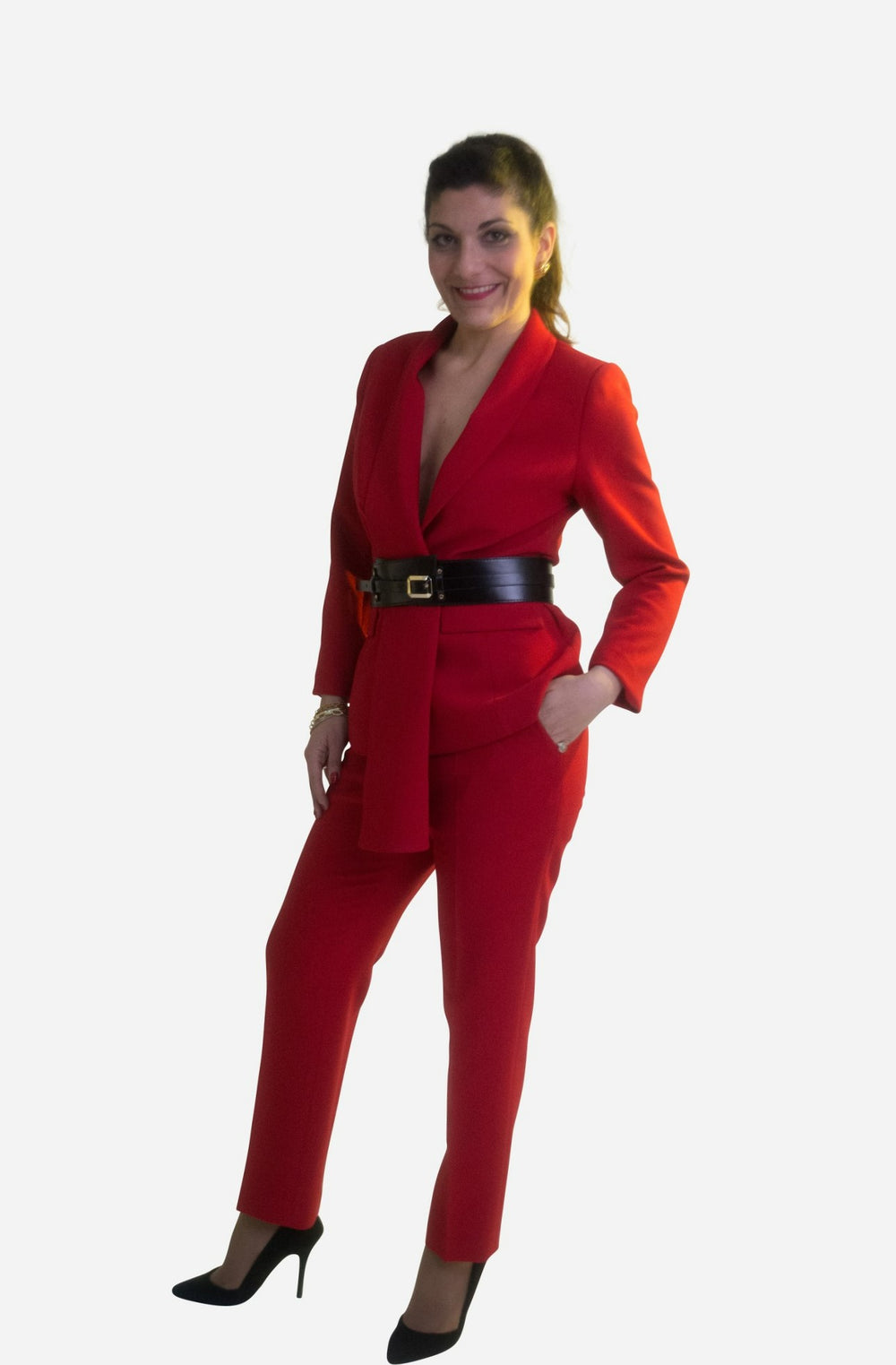 Red two piece trouser suit