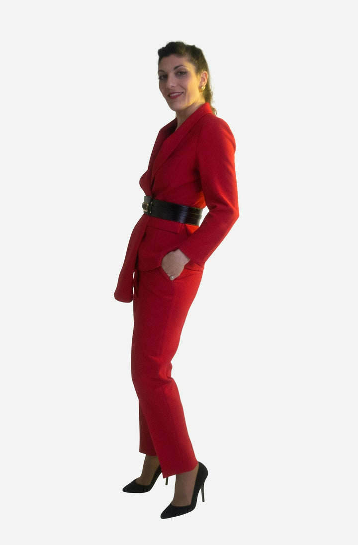 Red two piece trouser suit