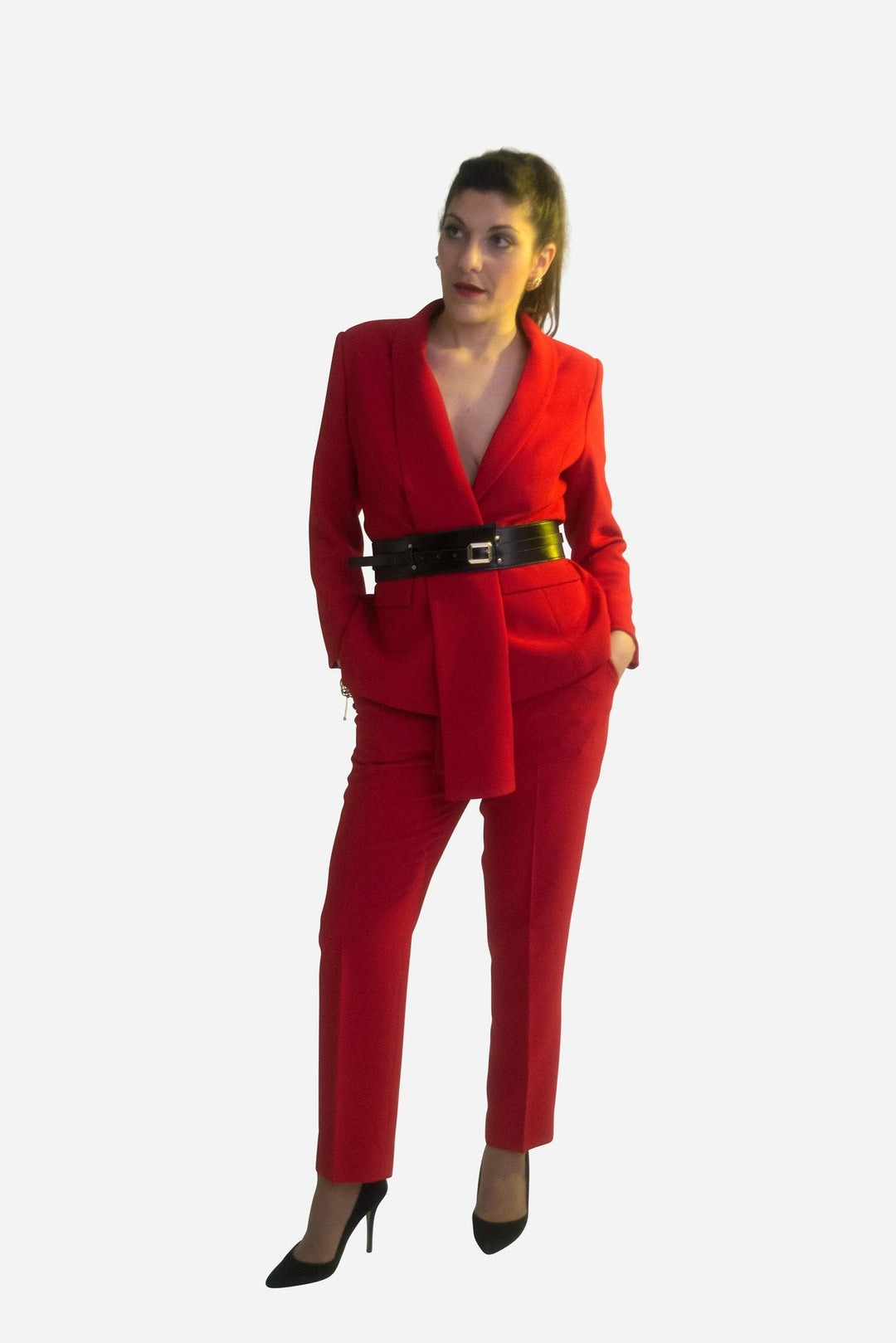 Red two piece trouser suit