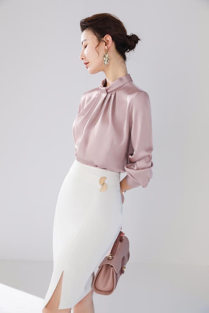 Meliora Long-Sleeved Satin Blush Blouse