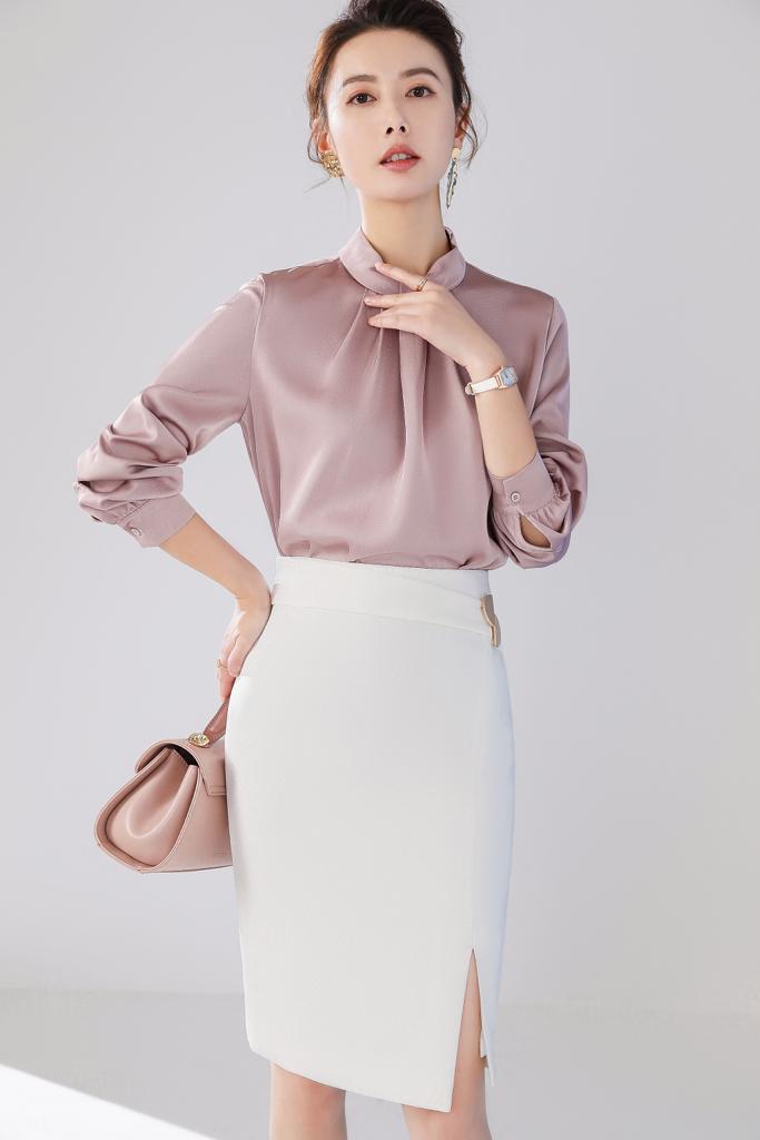 Meliora Long-Sleeved Satin Blush Blouse