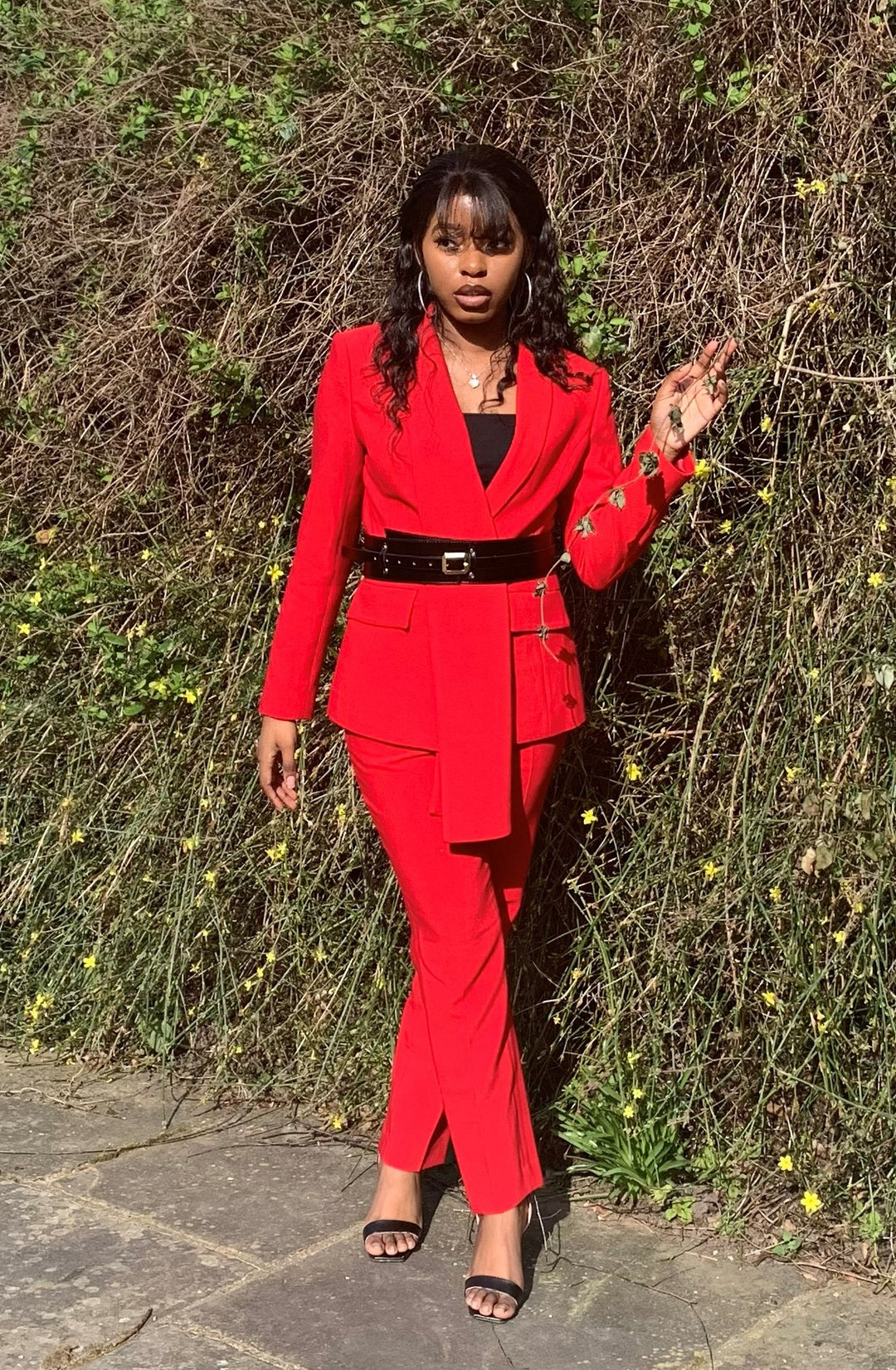 Red two piece trouser suit