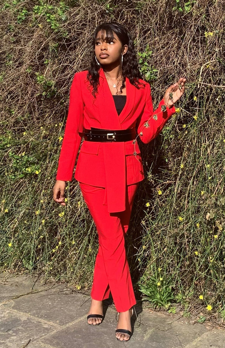 Red two piece trouser suit