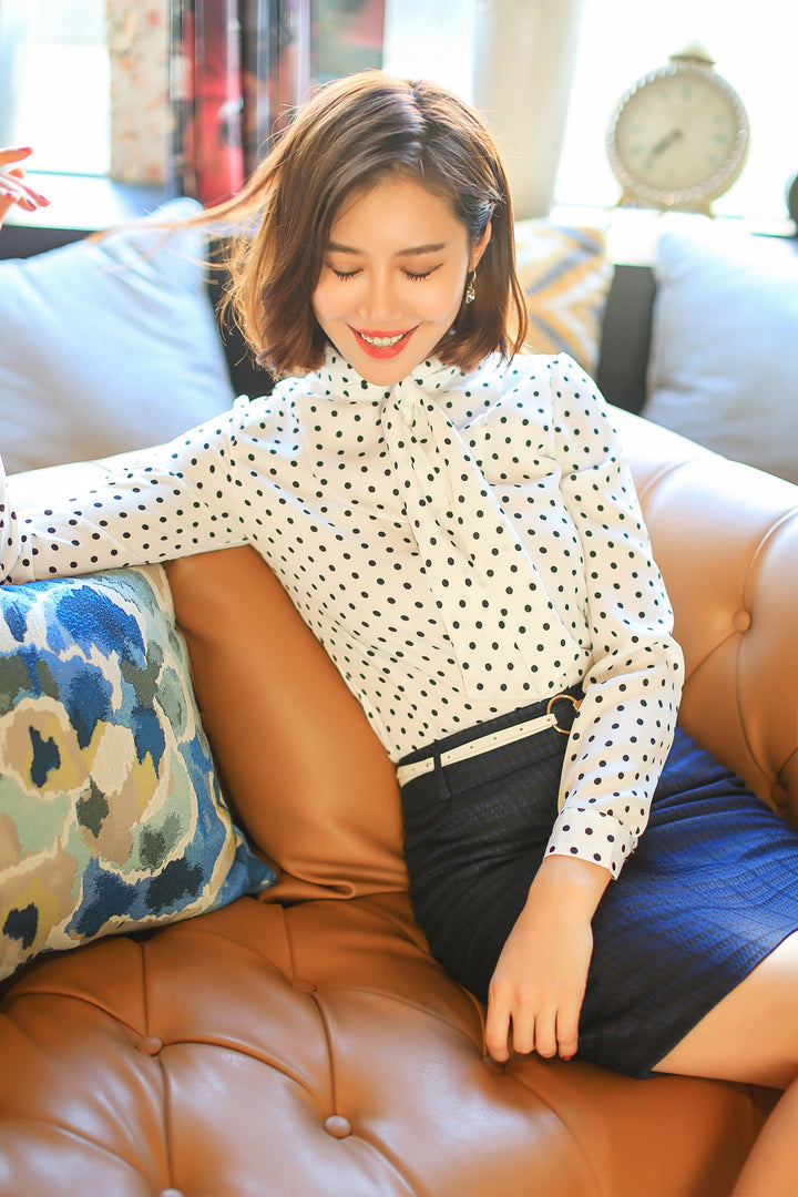 Meliora Long Sleeve Polka Dot Detachable Bow Tie Blouse