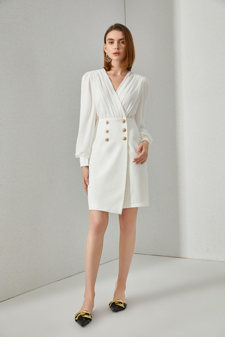 White dress with gold buttons for women 