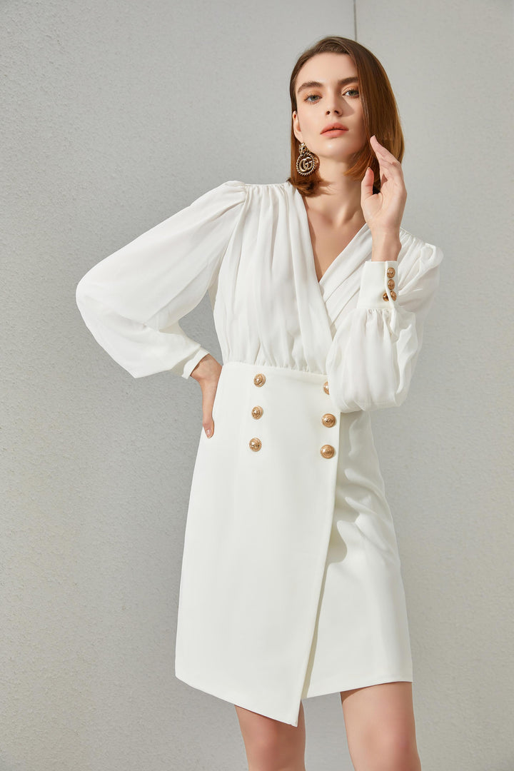 White dress with gold buttons for women 