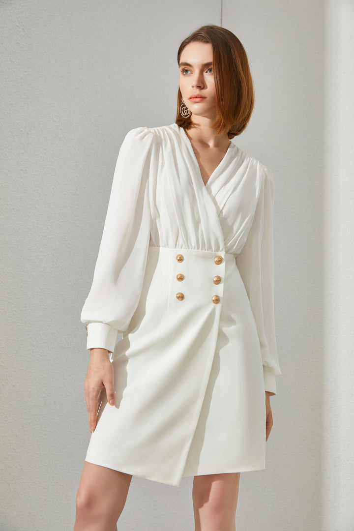 White dress with gold buttons for women 