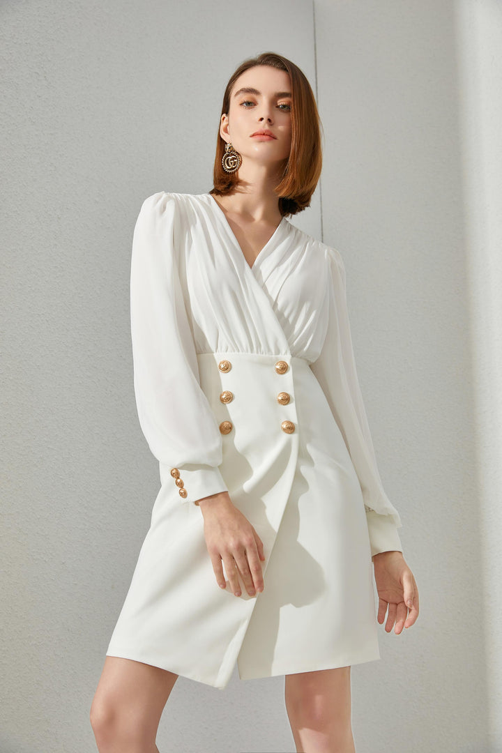 White dress with gold buttons for women 