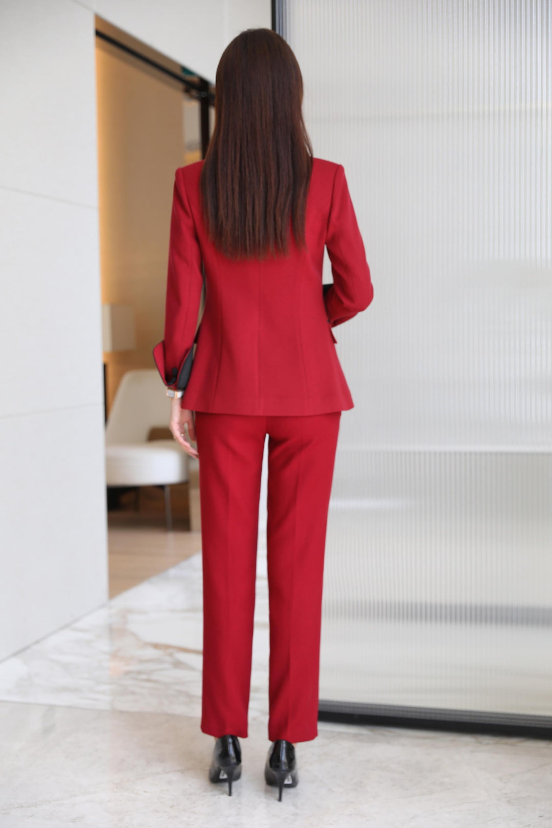  red trouser suit for women. Christmas Dinner Suit.